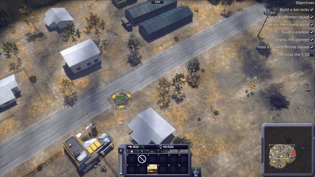 Global Conflagration demo: some civilian houses, a base structure, and a dug-in infantry unit. 
