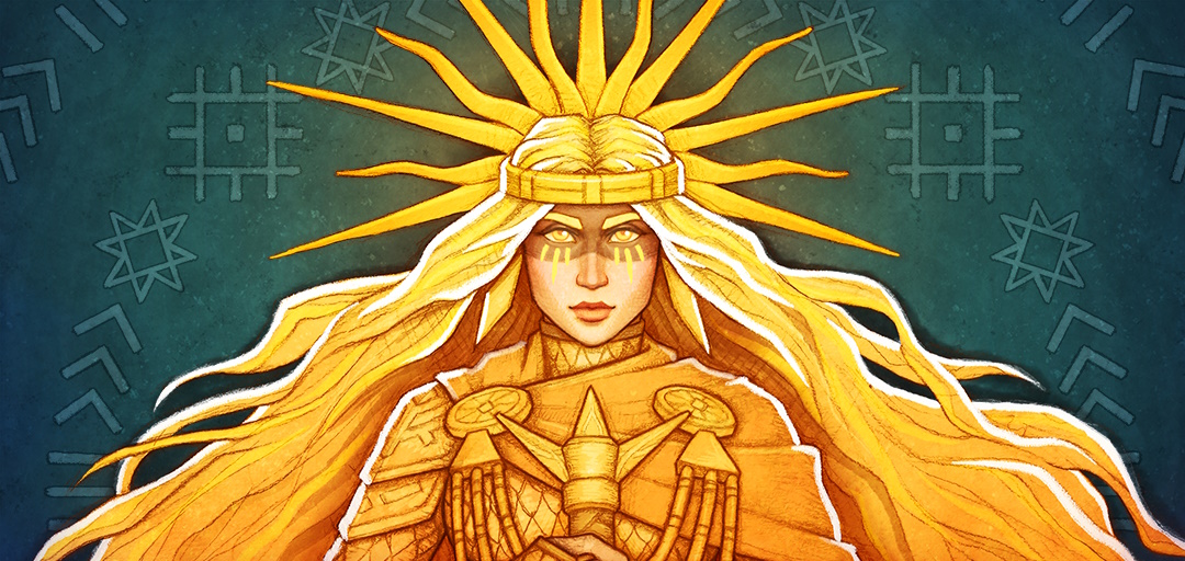Godsworn: Saulė, a great golden warrior woman with billowing blonde hair