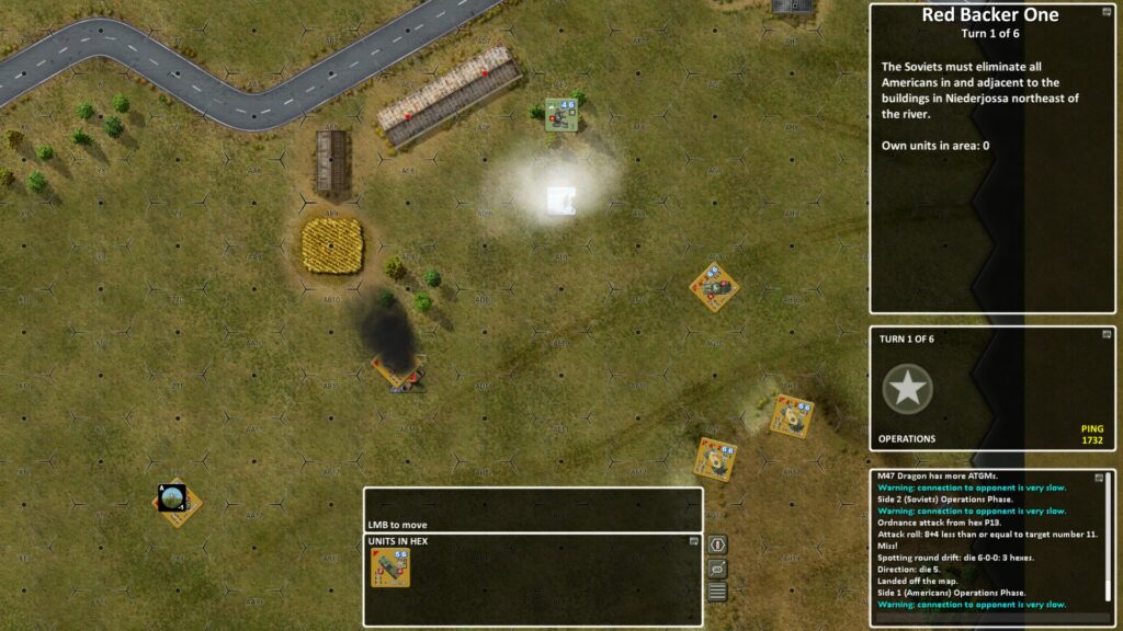 Lock 'n Load Tactical Digital screenshot: some Soviet tanks, a smoke hex with particle effects and a single US ATGM team 