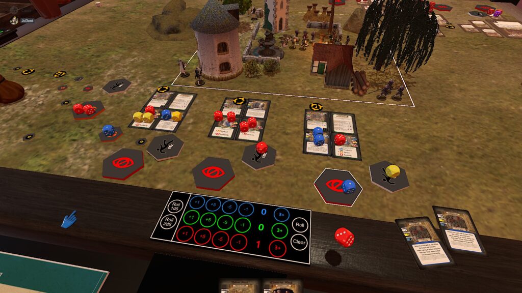 Force of Virtue: TTS screenshot of army cards with their virtue dice stacked upon them. 