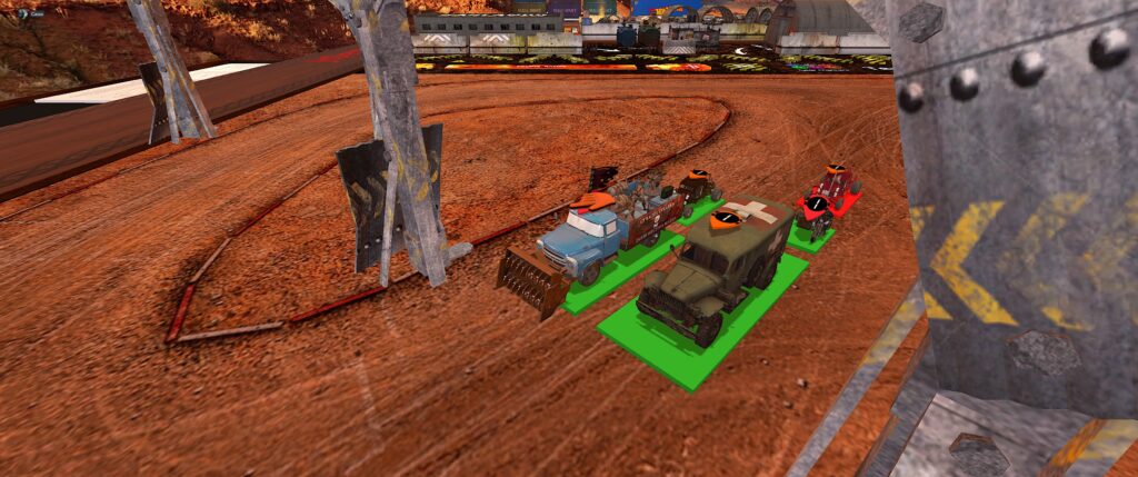 Gaslands Refueled TTS module screenshot:
cars lining up on the starting line with a spruced up ZIL-133 and a WW2 ambulance at the front 