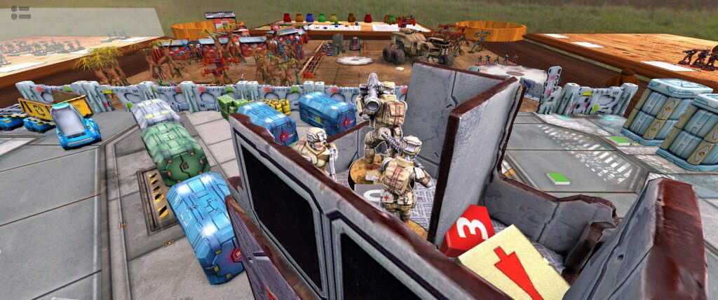 Stargrunt II TTS screenshot: Three guys and three tokens crammed into the top floor of a tower.