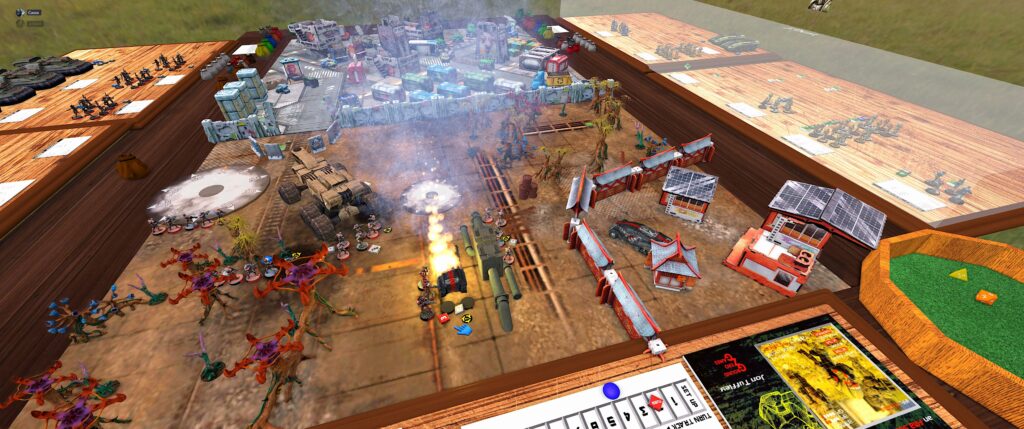 Stargrunt II TTS screenshot: the deployment edge with a vehicle on fire, and others moving in. Smoke templates can be seen.