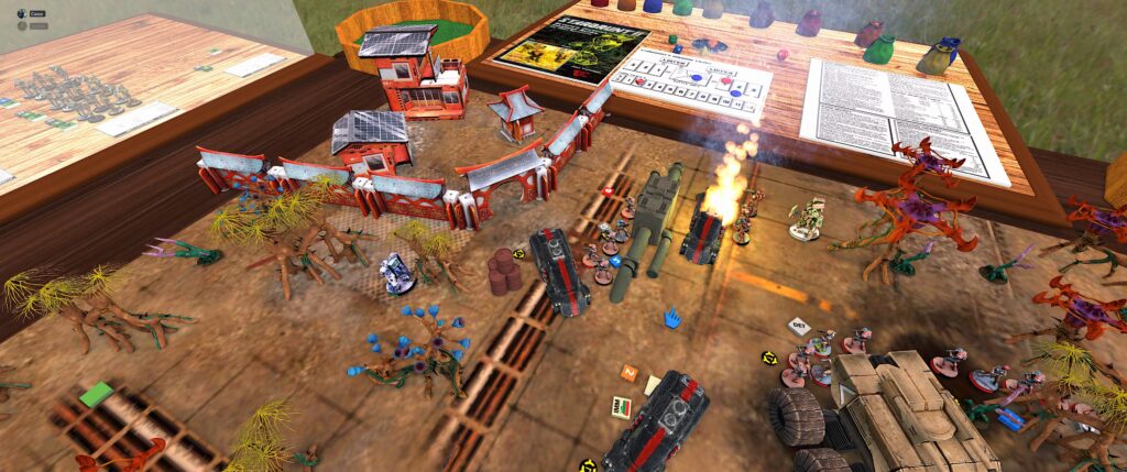 Stagrunt II TTS screenshot: a wooded deployment area. One vehicle (upscaled DZC model) is on fire.