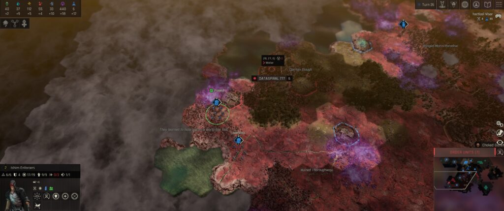 Zephon screenshot: when you discover a new region, its name is briefly replaced by some creepy whisper. 