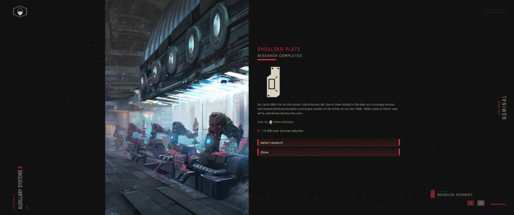 Zephon demo screenshot: research fluff for Ishim armor. 