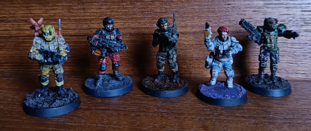 Five GCPS Troopers in various paintjobs, front.