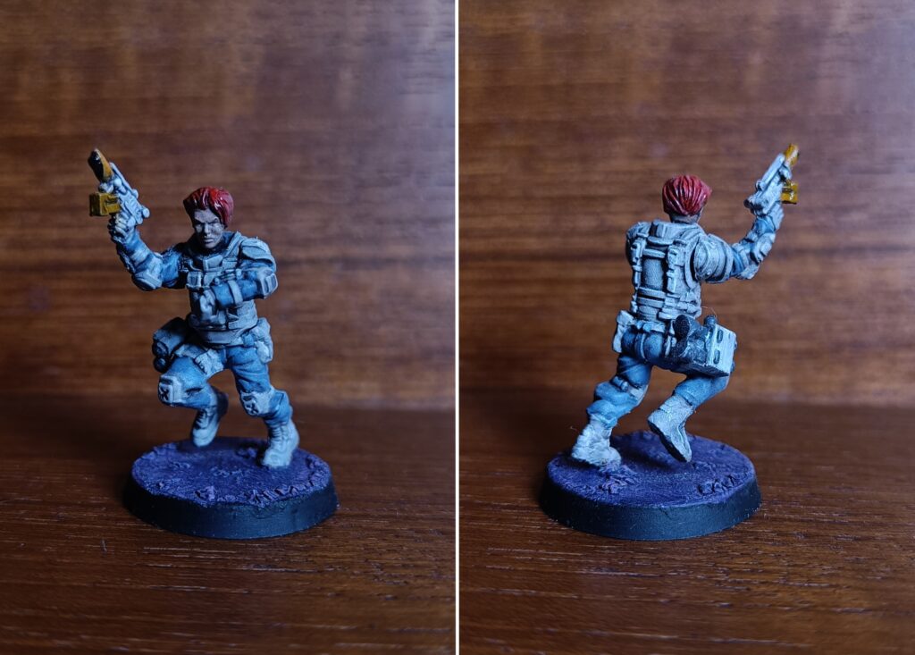GCPS trooper assembled with running legs, raised pistol arm, comms arms, and bare long haired head.