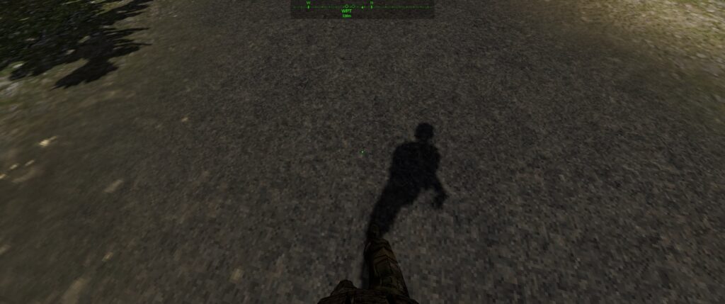 Dagger Directive demo screenshot: brown ground, shadow, and the players legs.