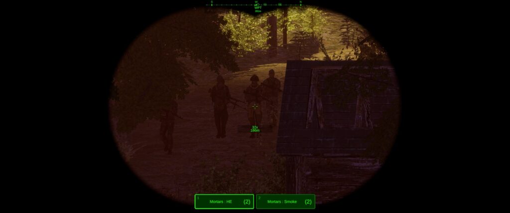 Dagger Directive demo screenshot: a vignetted scene as the player observers four soldiers patrolling on the road. At the bottom, green buttons allow for calling in mortars.