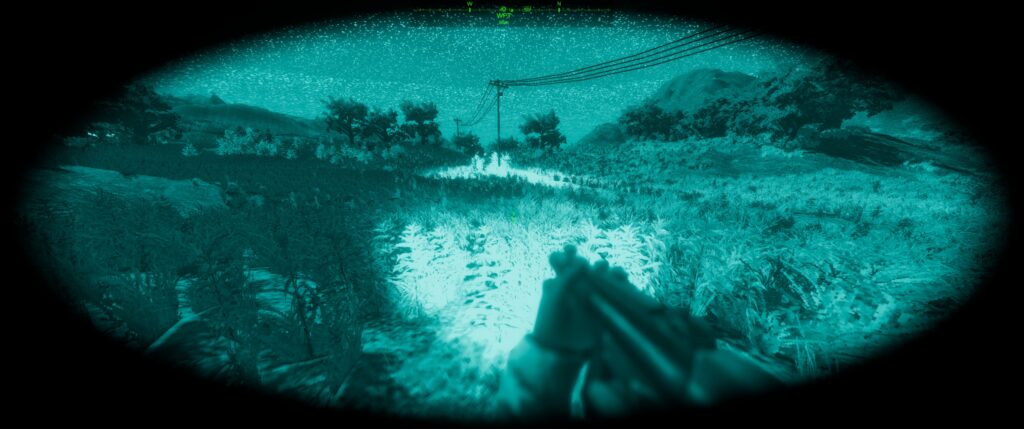 Dagger Directive demo screenshot: a vignetted scene in blue NVGs. The player is holding an MP5 and has a light on.