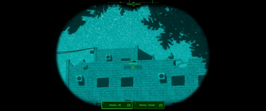 Dagger Directive demo screenshot: a vignetted scene in blue NVGs: an upper floor of a building and a progress bar for calling in mortars.