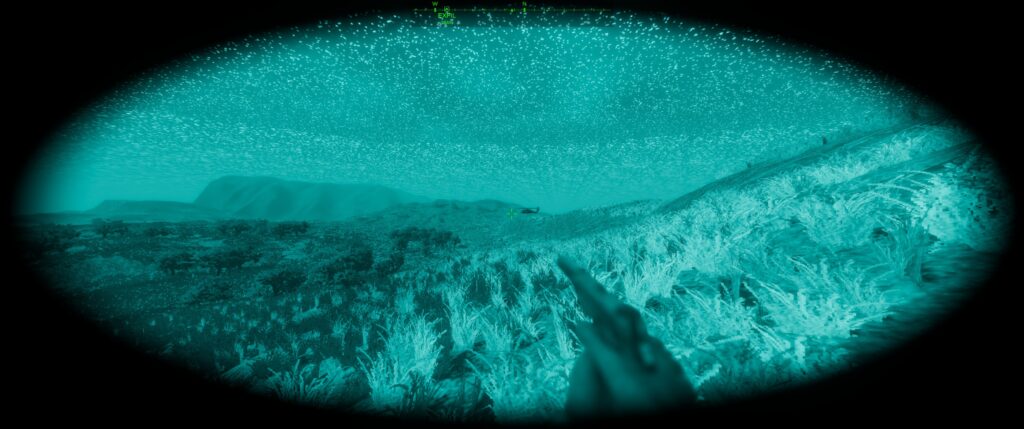 Dagger Directive demo screenshot: blue NVG screen, vignetted. The player holds a pistol with a silencer. You can see a Blackhawk arriving on the right.
