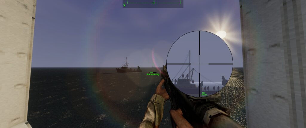 Dagger Directive demo screenshot: player looking out at boats in the sea. Right hand side of the screen shows a sniper reticle, which displayes a zoomed in view of whatever the player is aiming at.