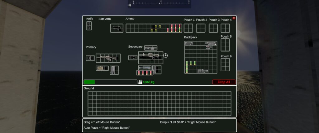 Dagger Directive demo screenshot: the inventory screen. Slot is subdivided into squares. The player has slots for primary weapon, secondary weapon, a general carry backpack and various pouches. Also, anything in the environment is displayed in a box below.