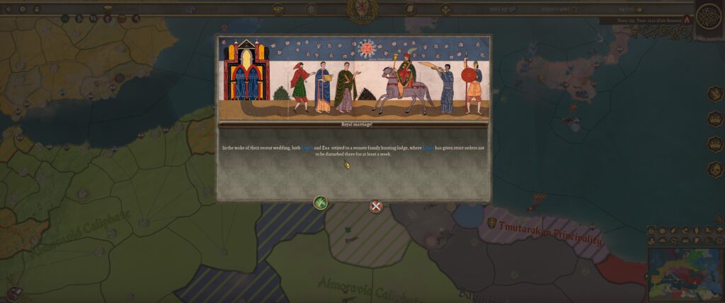 Field of Glory: Kingdoms screenshot: a menu proclaims that the after the wedding, the king took his bride to a hunting lodge and told everyone not to disturb them [COS THEY'LL BE FUCKING]