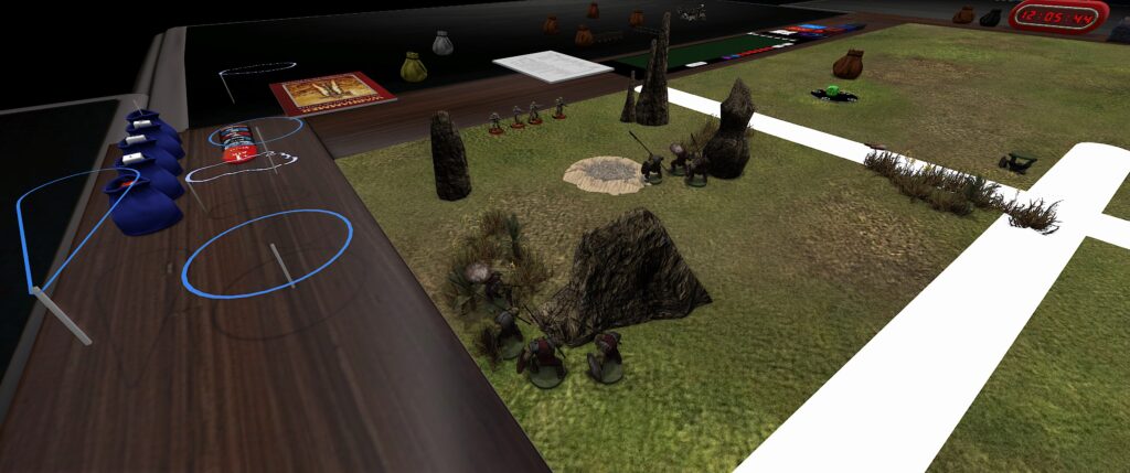 TTS screenshot: a square battlefield with four terrain features. Orcs close to the camera are flanking a rock. At the far side of the map, rangers are arrayed along the battlefield edge. 