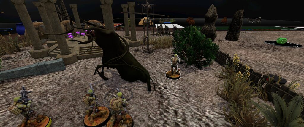 TTS screenshot: a ranger flanks a tree. There are orc archers in the distance and other rangers close to the camera. 