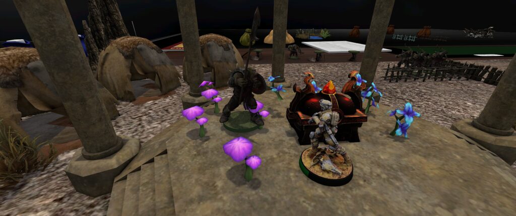 TTS screenshot: an orc and a soldier face off in a mushroom-strewn ruin.