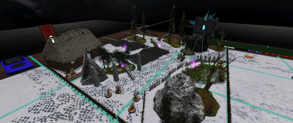 TTS screenshot: a snowy map strewn with all sorts of terrain features, including an ominous tower with spooky lights. 