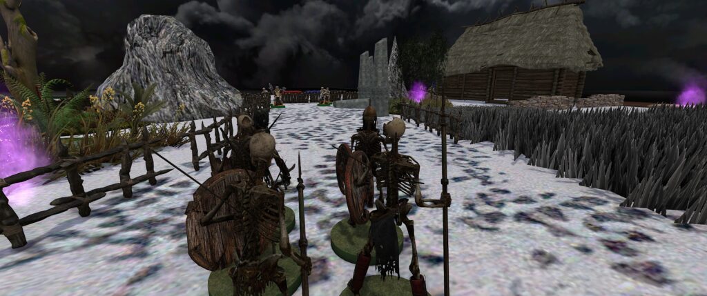 TTS screenshot: the back shot of some skeletons looking down the road towards some soldiers. 