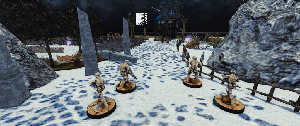 TTS screenshot: some rangers look down the snowy cobblestone road towards some skeletons. 