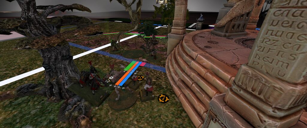 TTS screenshot: several Imperial soldiers are ganging up on a werewolf near a huge shrine.