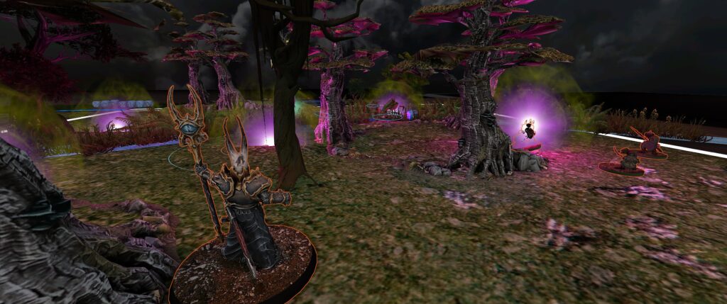 TTS screenshot: A Chaos wizard overlooks a bit of forest, with multiple arcanite dots in the distance.