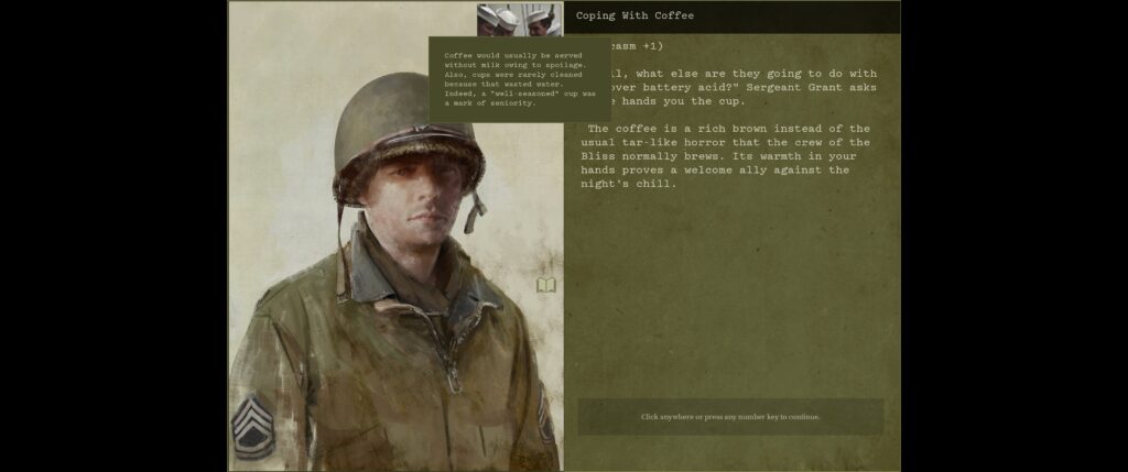 Burden of Command screenshot: visual novel section: a portrait of first sergeant Grant on the left, eternally stuck with the "well, here we go again" expression. Text on the right talks about coffee or something.