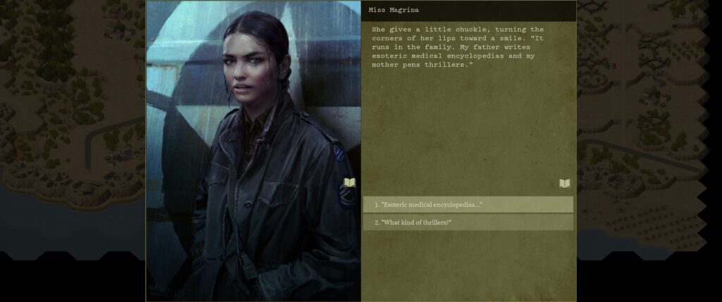 Burden of Command screenshot: visual novel section: a portrait of an attractive, rain-drenched woman in a military jacket on the left. Some talk about what kind of books her parents wrote on the right.