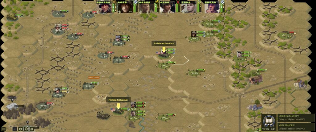 Burden of Command screenshot: brown battlefield, Germans on the left, Americans on the right. Two hexes are lit up, marked by arrows, and noted with unreadable text.