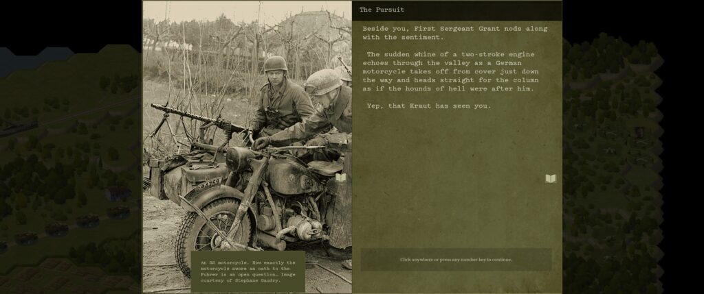 Burden of Command screenshot: visual novel section. The important bit is the text description of the photo of the Nazi motorcycle troops on the left: "
An SS motorcycle. How exactly the motorcycle swore an oath to the Fuhrer is an open question... Image courtesy of Stephane Gaudry."
