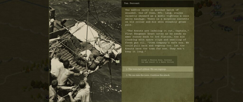 Burden of Command screenshot: visual novel bit. Guy getting lifted onto a boat on the left, the text about misserable battlefield conditions and the effects of ending the mission now on the right.