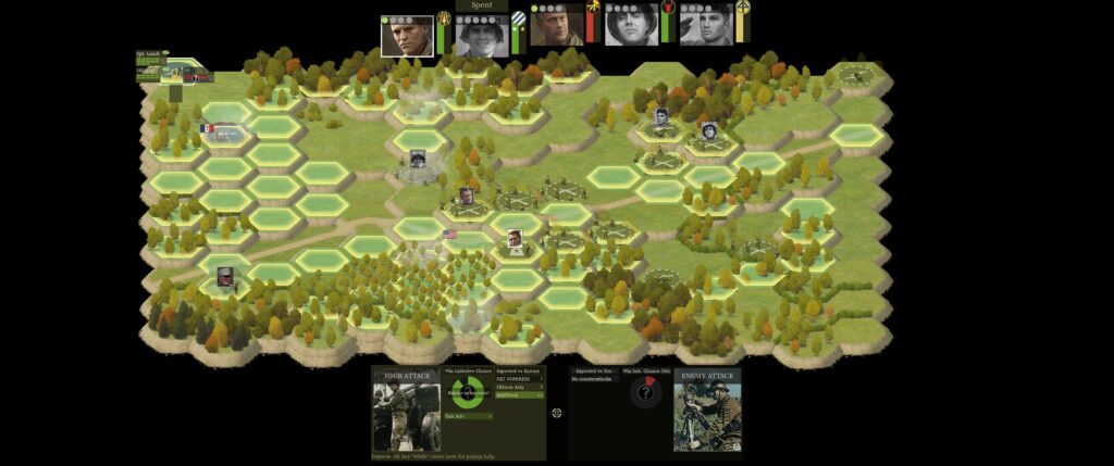 Burden of Command screenshot: an isometric battlefield of grass and trees. Below it, an attack window comparing my artillery to its mortar target.