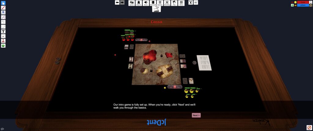 Tabletop screenshot of the Malediction module: a table and some tutorial text explaining what will happen next.