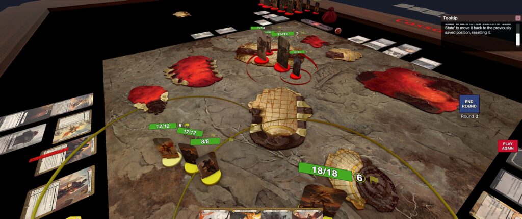 Tabletop screenshot of the Malediction module: a map with some yellow and some red flat terrain. Three yellow standees stand closer to the camera while three red ones are lined up in the middle of the table.