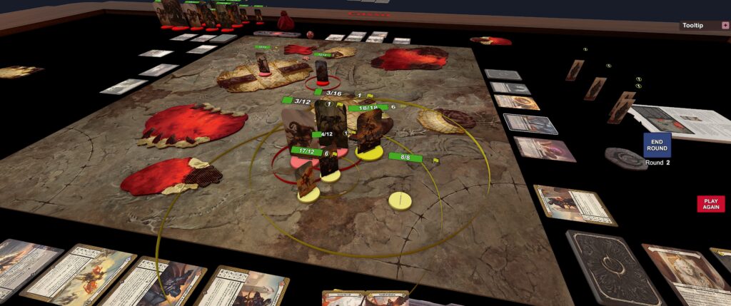 Tabletop screenshot of the Malediction module: some red standees are fighting some yellow standees. Also visible are various auras and ranges.