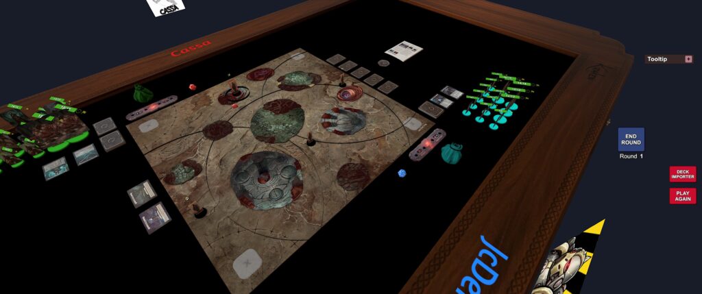Tabletop screenshot of the Malediction module:
A gloomy table is being set up. You can also see the counters, the standees waiting for their turn, and other stuff that shouldn't appear on the map itself.