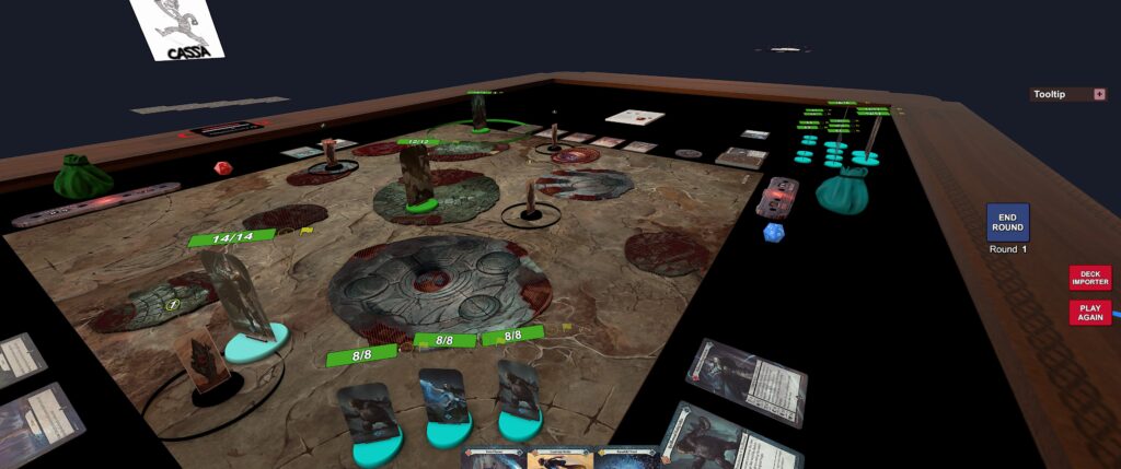 Tabletop screenshot of the Malediction module :Different table! A bunch of blue standees overlook a table with just a pair of green standees.