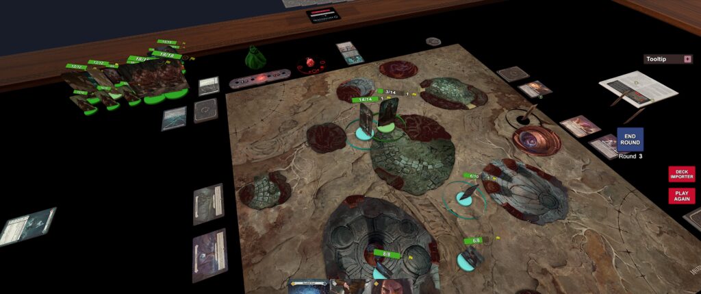 Tabletop screenshot of the Malediction module:
Cassa's Seeker standee (3 Health) meets my Seeker standee (12 Health)