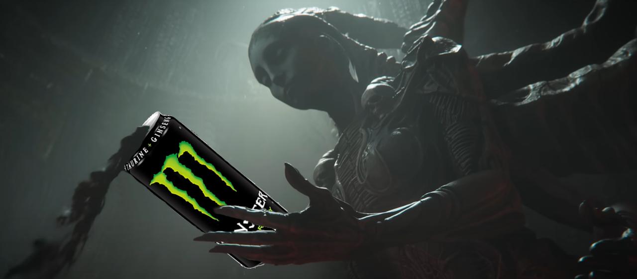 Tainted Grail The Fall of Avalon demo review banner: a Gigerian sculpture of a four-armed baddie pours black liquid out of a can of Monster.