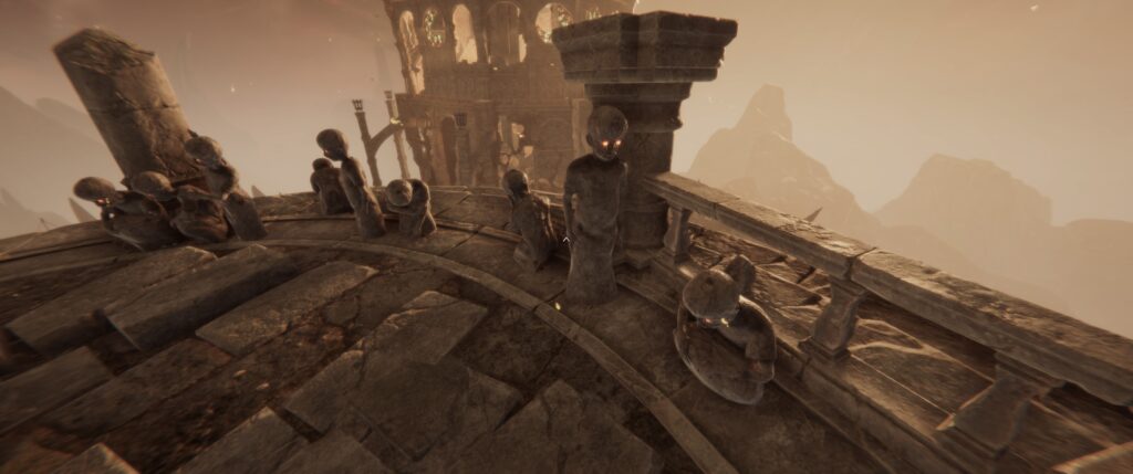 Tainted_Grail_fall_of_avalon_DEMO: ruins in the hazy distance and creepy statues of children up close.