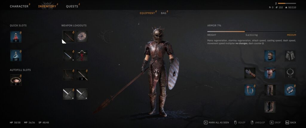 Tainted_Grail_fall_of_avalon_DEMO: inventory screen showing our lithe heroine with spear, shield, and armor, including an opaque helmet covered in barbs.