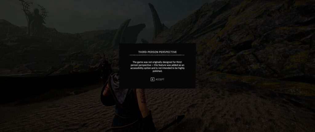 Tainted_Grail_fall_of_avalon_DEMO: a text window saying that third-person view was added as an accessibility feature, but the game wasn't polished with it in mind.