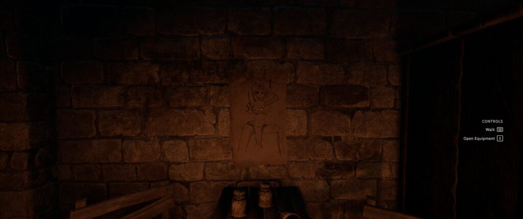 Tainted_Grail_fall_of_avalon_DEMO: crude sketch of a sexy lady hangs on a dark dungeons wall.