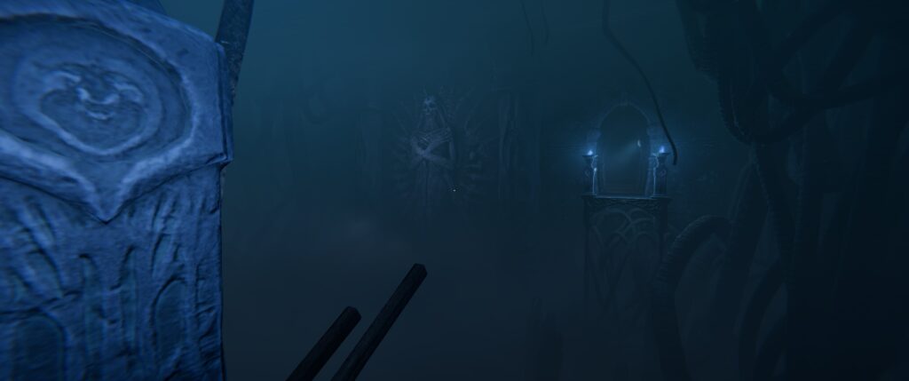 Tainted_Grail_fall_of_avalon_DEMO: a dark unground hall with some cyclopean Beksinski skeleton statue.