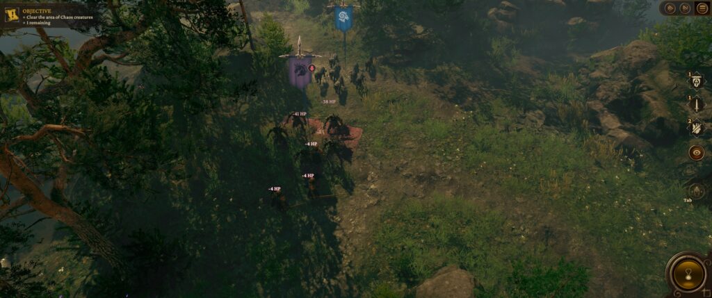 RuneQuest: Warlords preview screenshot: some beastmen fight some men, damage numbers float away.