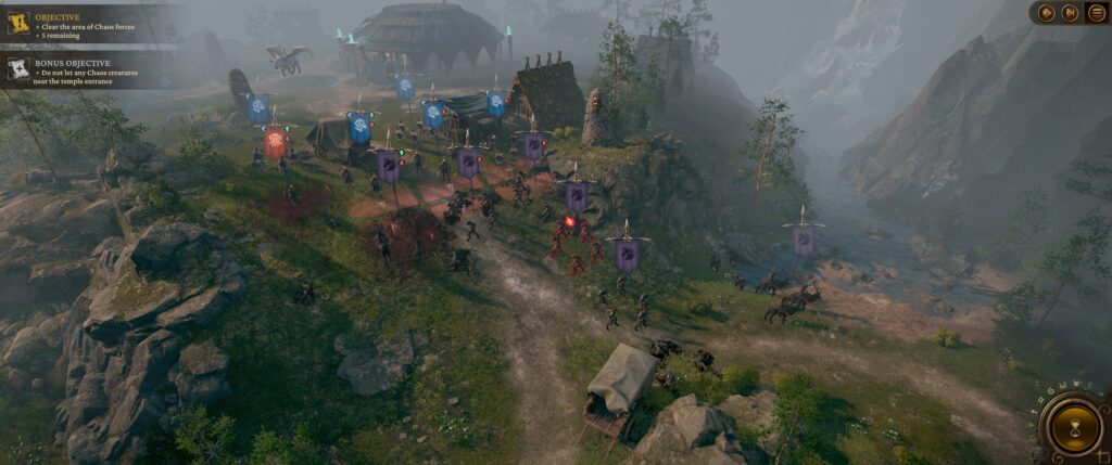 RuneQuest: Warlords preview screenshot: A horde of purple bannered beast folk are assaulting my blue bannered human forces holding the top of a hill. There's a friendly flying bull at the back of my forces.