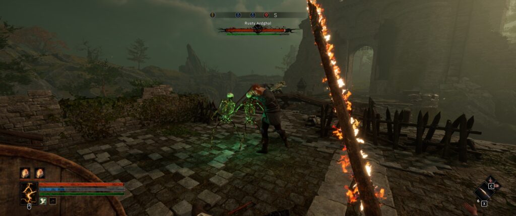 Tainted Grail: summoned skeletons bravely distract a named boss with their ugly textures while I prepare to poke him with my burning spear.