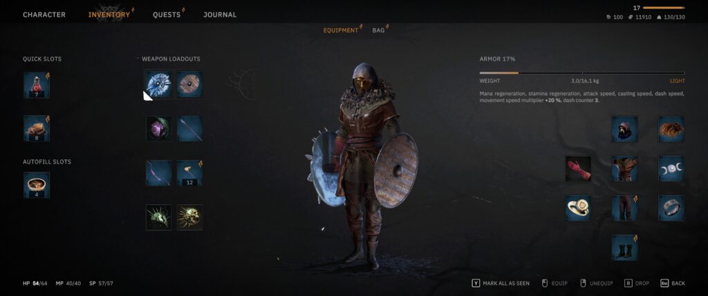 Tainted Grail: player character wields two shields.